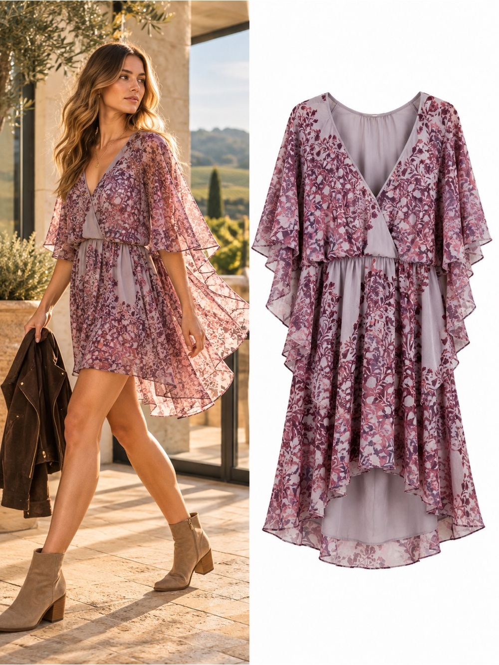 Free People Sparks Fly Cape Mini Dress Taupe Combo Floral Boho Size Small